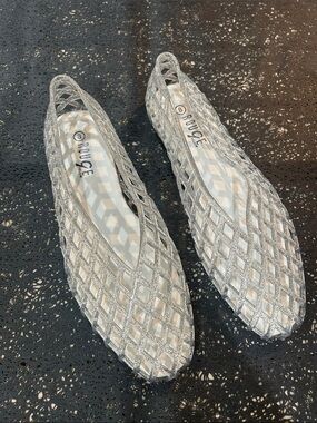 Rouge Helium Silver Glitter Lattice Mesh Pointed Toe Jelly Ballot Flats Size 8